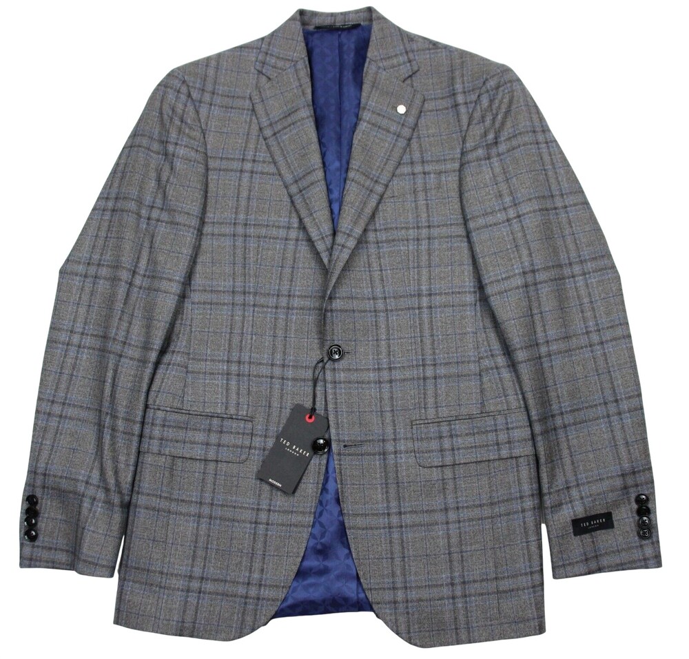 Ted Baker London Sport Coat 36 R Mens Slim Fit Jay Grey Blue Plaid Wool Blazer